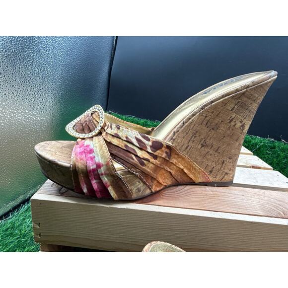 SODA Wedge Heels- Gold/Cork/Floral-Size 10W - Picture 5 of 10
